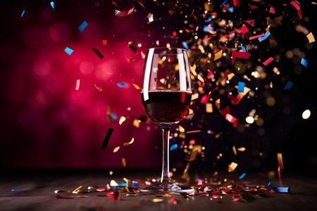 Glass of red wine with confetti on a bokeh backgroundの素材