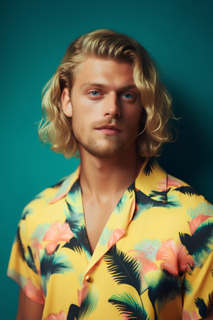 Handsome young man with blond curly hair in bright summer shirt.の素材