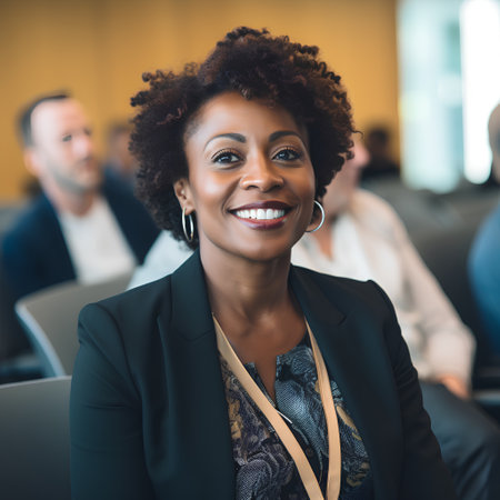 Portrait of smiling african american businesswoman in conference hallの素材