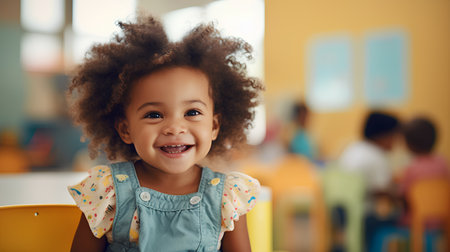 Portrait of a cute little African American girl smiling at the camera in a kindergartenの素材