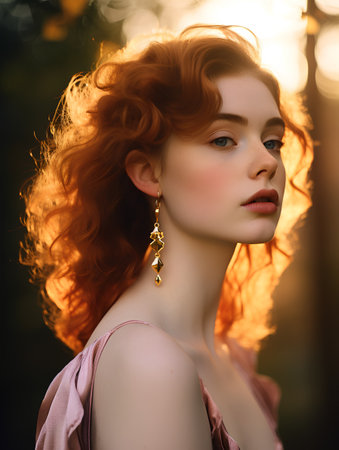 Beautiful redhead girl with long curly hair and golden earringsの素材