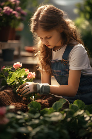 Cute little girl working in the garden. Child planting flowers.の素材