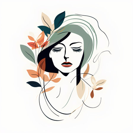 Beautiful woman face with autumn leaves. Vector hand drawn illustration.の素材