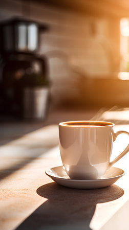 Coffee cup on the table in the morning sunlight. Coffee conceptの素材