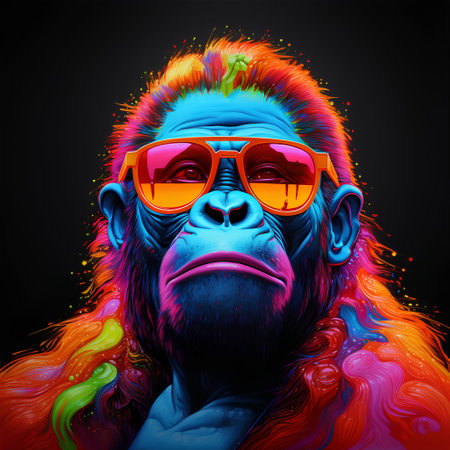 Gorilla in sunglasses. Portrait of a gorilla with colorful hair.の素材