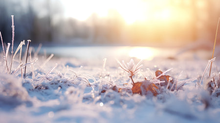 Frosted grass in the winter forest at sunset. Nature backgroundの素材