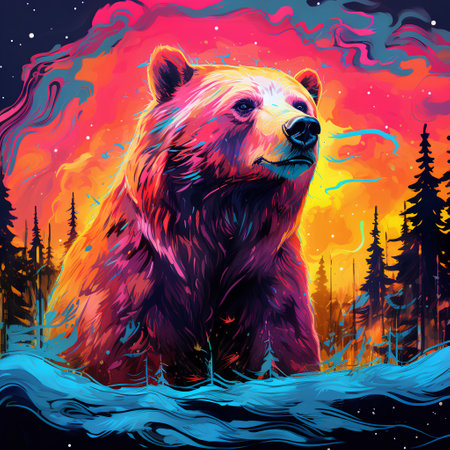 Grizzly bear in the forest at night. Vector illustrationの素材