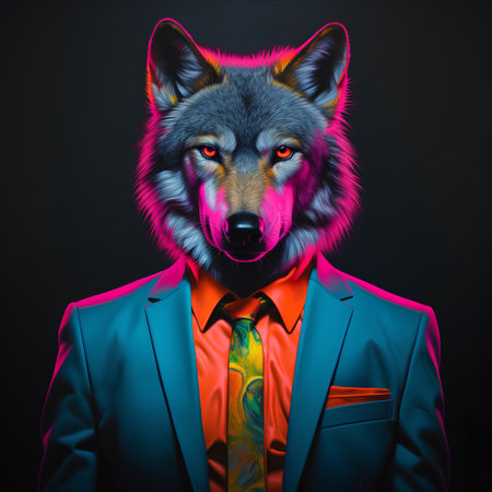 Fashion portrait of a wolf in a suit on a dark background.の素材