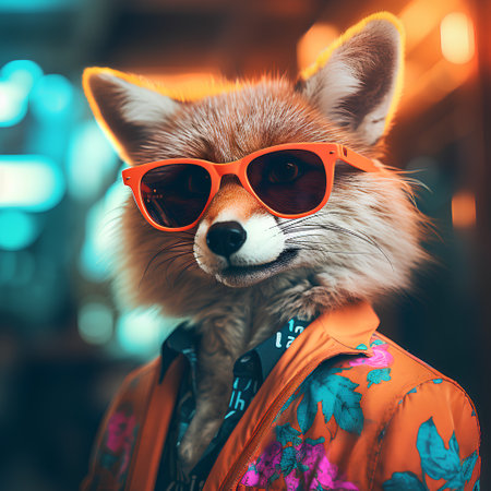 Fashion portrait of a fox in sunglasses on a background of the city.の素材