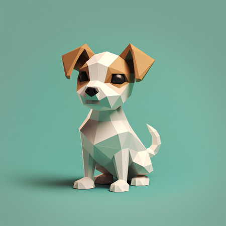 Cute cartoon dog in low poly style isolated on green background.の素材