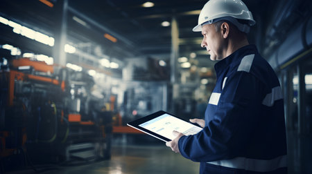 Engineer using digital tablet in warehouse. This is a computer generated and 3d rendered picture.の素材
