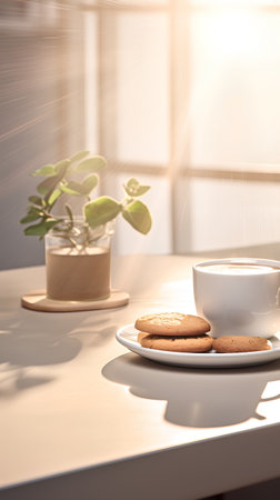 Coffee cup and cookies on the table in the morning lightの素材