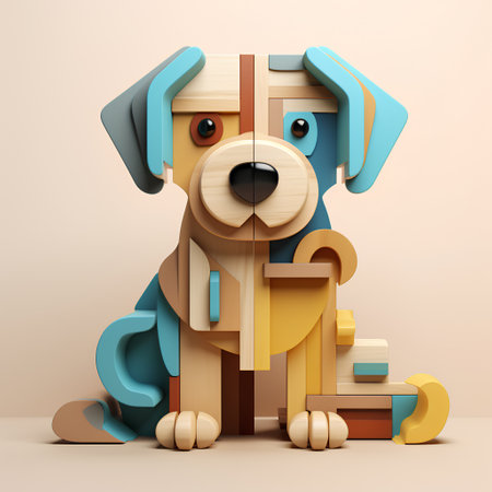 Cute cartoon dog with wooden toy. 3d render illustration.の素材
