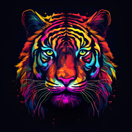 Tiger head with colorful grunge effect on black background. Vector illustration.の素材