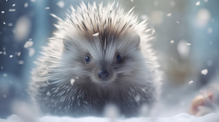 Hedgehog in the winter forest. Animal in snowfall.の素材