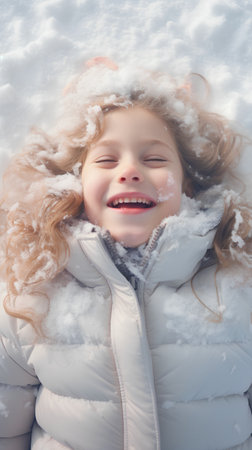 Cute little girl playing in snow. Winter fashion for kids.の素材
