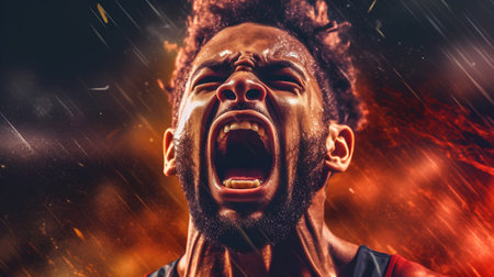 Angry black man screaming in the rain. Human emotions and facial expressions concept.の素材