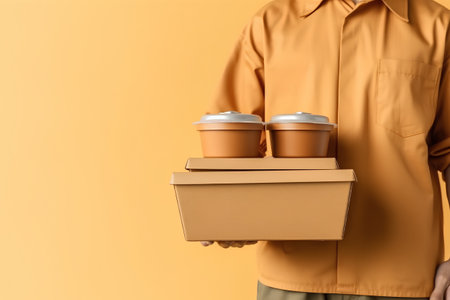 Delivery man holding cardboard boxes with coffee cups on yellow background, closeupの素材
