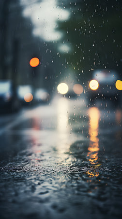 raindrops on the asphalt in the city at night, defocused backgroundの素材