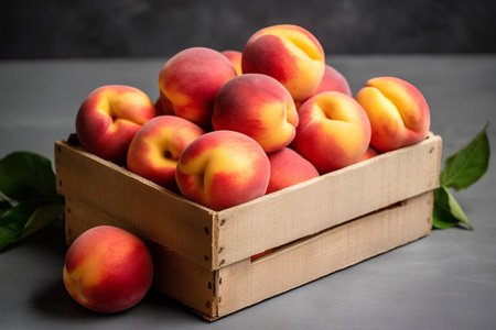 Fresh sweet peaches in a wooden box on a gray background.の素材