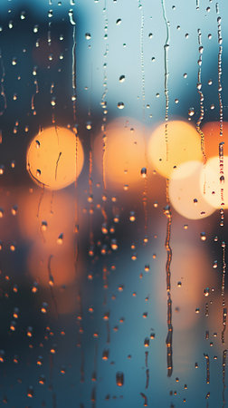 Rain drops on the window with city lights bokeh background.の素材