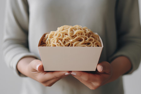 close up of a woman holding a box of instant noodle.の素材