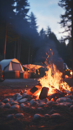Bonfire in the forest at night. Camping and camping conceptの素材