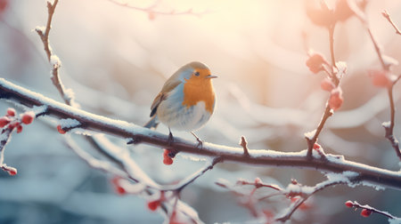 A photo of a robin bird sitting on a branch in winterの素材