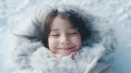 Little girl with snow in her mouth on a background of blue skyの素材