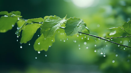 Green leaves with drops of water on blurred background. Nature concept.の素材