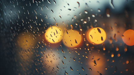 Rain drops on the car window with bokeh light background.の素材