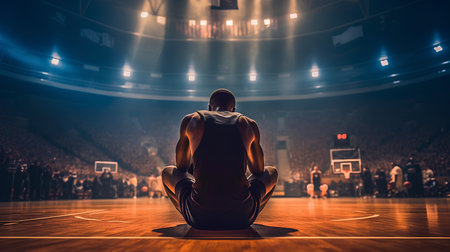 Basketball player sitting in lotus position and looking at the stadiumの素材