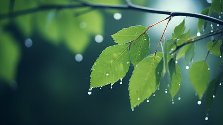 Branch with green leaves and water drops on it. Nature backgroundの素材