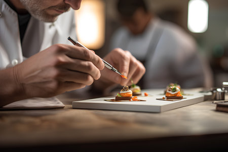Chef decorating a canape with red caviar in a restaurantの素材