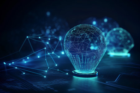 Glowing polygonal light bulb on abstract blue background. 3d renderingの素材