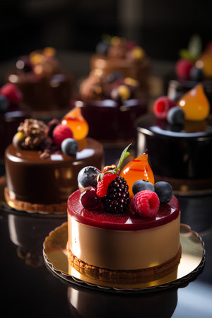 Delicious chocolate cake with berries on a black background. Selective focus.の素材
