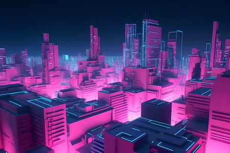 Futuristic city in neon light, 3d render, square compositionの素材