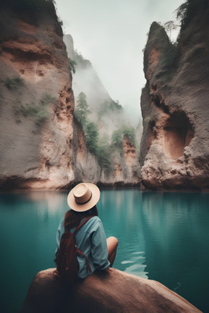 Woman traveler with backpack and hat sitting on the edge of a cliff at the lakeの素材