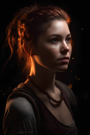 Portrait of a beautiful girl with red hair on a black backgroundの素材