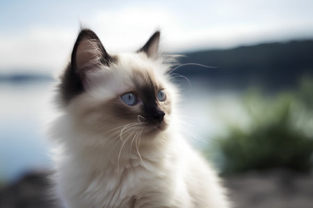 Portrait of a cat with blue eyes on a background of lakeの素材