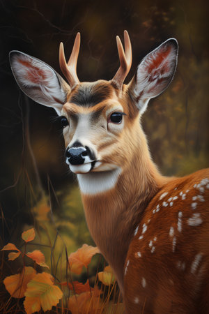 Beautiful young deer in the autumn forest. 3D illustration.の素材