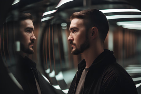 Portrait of two stylish young men in black jackets looking at each otherの素材