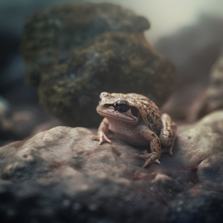 Frog sitting on a rock. Filtered image processed vintage effect.の素材
