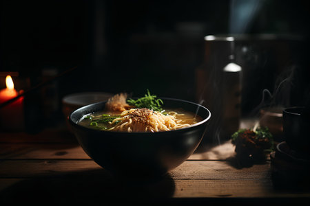 Japanese ramen noodle soup with chopsticks on dark background.の素材