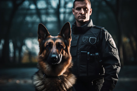 Security guard in uniform with dog german shepherd in the forest.の素材