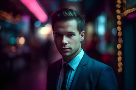 Portrait of a handsome man in a business suit. Night city.の素材