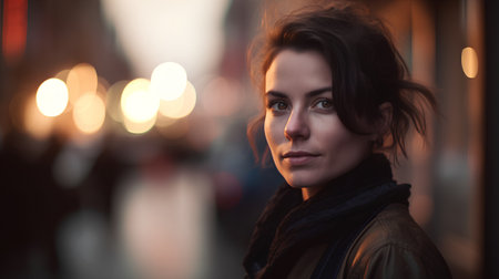 Portrait of a young woman in the city at night. Shallow depth of fieldの素材