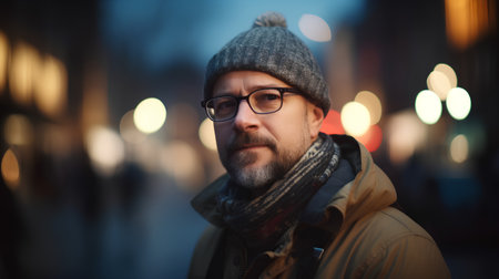 Portrait of a bearded man wearing glasses and a hat in the city at nightの素材