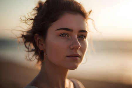 Portrait of a beautiful young woman at sunset on the beach.の素材