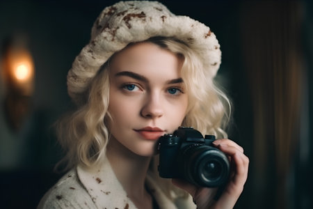 Portrait of a beautiful young woman in a hat with a cameraの素材